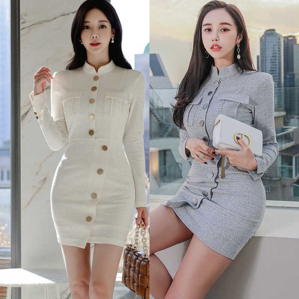 

spring office ol work dress women casual single-breasted bodycon pencil dresses ladies long sleeve mini 210529, Black;gray