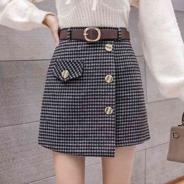 

high waist a-line winter women skirts black woolen autumn vintage plaid ladies mini shorts