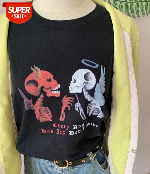 

sunfiz YF New Print T-shirt Chic Harajuku Vintage Kiss Me Short sleeve T Shirt Fashion Angel And Devil Tshirt Women Tops #tb7F, White