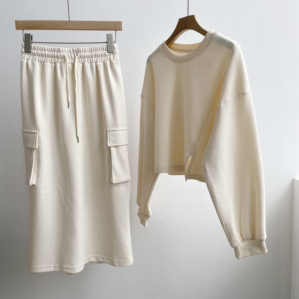 

new 2021 spring solid color round neck sleeve split sweatshirt + long pocket straight skirt 2 piece set bkzp, Black;gray