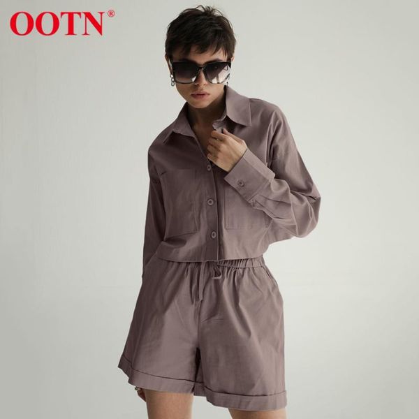 

women's tracksuits ootn turn-down collar single breasted casual women 2021 cotton lace up straight elastic waist shorts sets 2 pieces, Gray