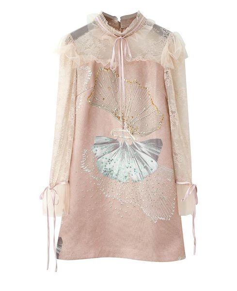 

casual dresses vintage dress 2021 spring summer fashion style women crystal beading lace patchwork long sleeve blue pink clothing ladies, Black;gray