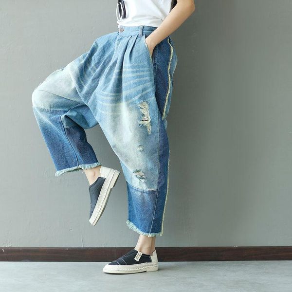 

women's jeans plus size high waist woman hole tassel 2021 arrival denim pants ankle length hip hop loose zipper pockets, Blue
