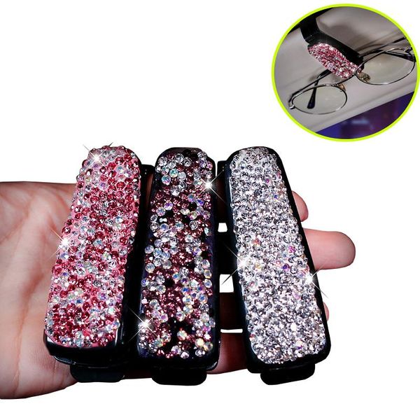 Altri accessori interni 1 pz Auto Veicolo Visiera parasole Clip Occhiali da sole Occhiali Porta occhiali Pacchetto ID Borsa portaoggetti con diamante Hand-Mad