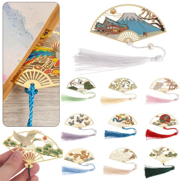 

1pc retro chinese folding fan design brass bookmark tasseled hollowed book clip pagination mark stationery school office supply