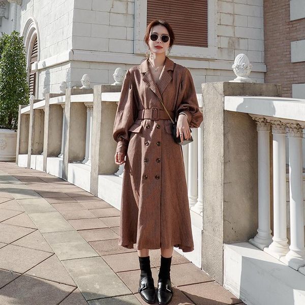 

women's trench coats female spring autumn fashion casual temperament ladies clothes korean mid-length striped lace-up windbreaker w84, Tan;black