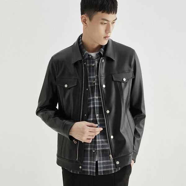 

men's leather & faux autumn haining 2021 trend lapel sheep jacket coat wear, Black