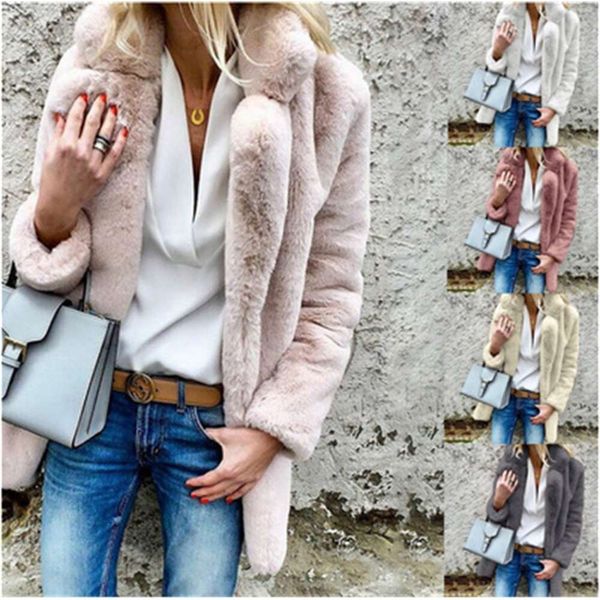 

2020 warm solid color long sleeve lapel fluffy cardigan coat women's wear, Black