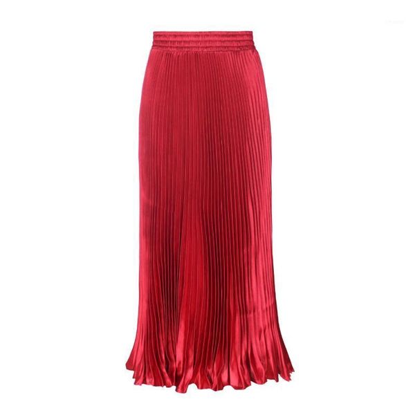 

women high-end satin skirt long skirtsolid color high elastic saist large pleated in skirts, Black