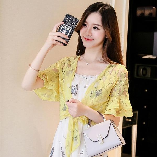 

women's blouses & shirts crochet cardigan women oversized lace summer flare sleeve thin sunproof for ladies jumper plus size xxxl, White