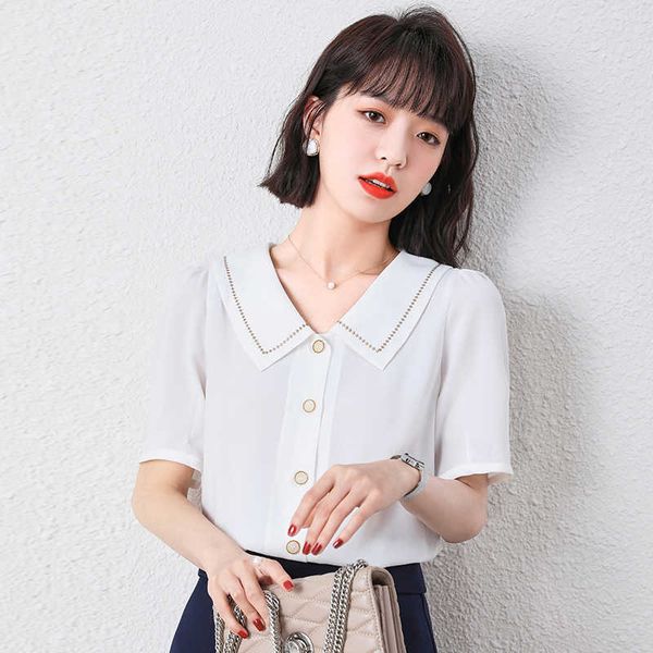 Sommer Korean Fashion Chiffon Button Down Shirt für Frauen Kurzkragen Kurzarm Office Lady Blouse Plus Size Tops 210531