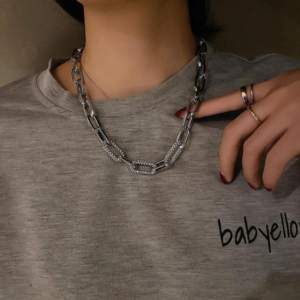 

chains punk gold sliver color necklace vintage metal luxury rhinestones necklaces for women men hip hop jewelry gift, Silver
