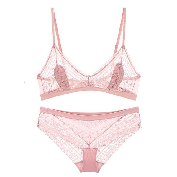 

bras sets lingerie biquini bra set thin transparent lace no protruding point underwear girl's suit shows small chest, Red;black