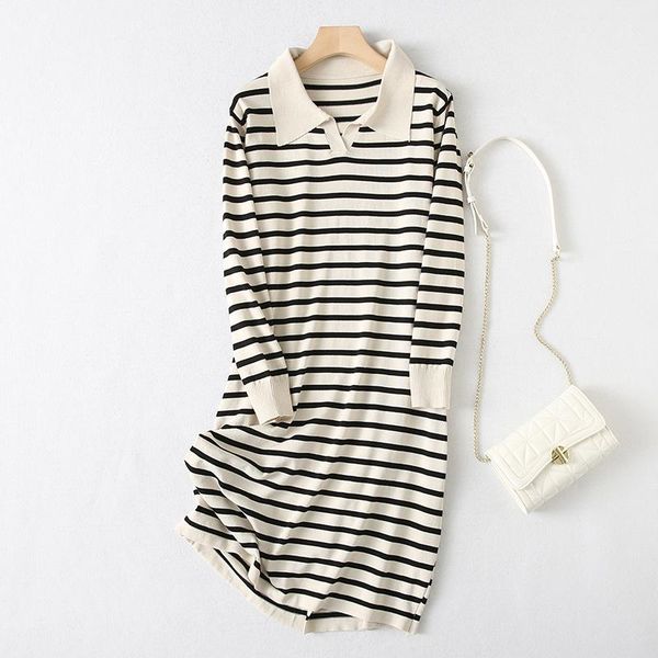 

casual dresses 2021 autumn ladies dress turn down collar striped long-sleeved contrast color loose straight minimalist, Black;gray