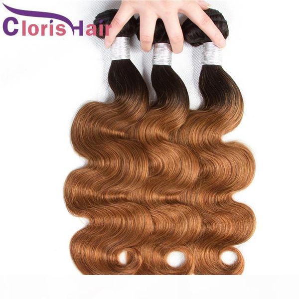 

auburn brown ombre body wave hair weaves brazilian virgin human hair 3 bundles colored extensions t1b 30 wavy blonde weaving, Black
