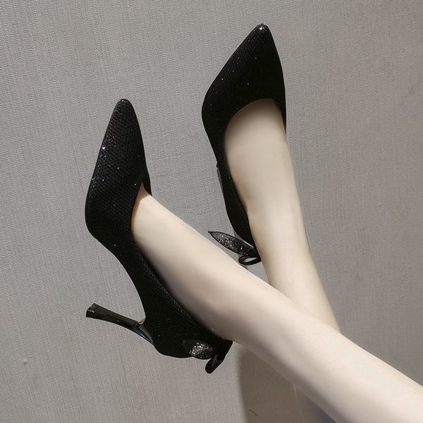 

2021 new women pumps back bow high heels dress shoes bling jacquard fabric pointed toe thin heel fashion zapatos mujer 8759ndress shoes, Black