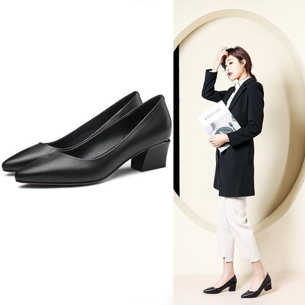 

genuine leather women shoes slip-on pointed toe casual shoes 2021 thick heel fashion spring and autumn pump size 34-43 handmade, Black