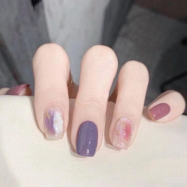 

false nails 24pcs sweet purple short simple wearable fresh french fake detachable full cover nail tips manicure tool, Red;gold