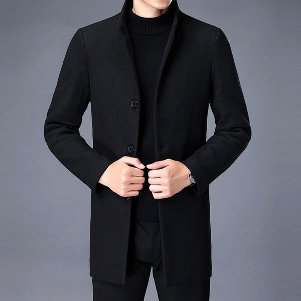 

2021 new winter men thick coats slim fit stand collar mens fashion wool blend outwear jackets smart casual trench coat n9ap, Black