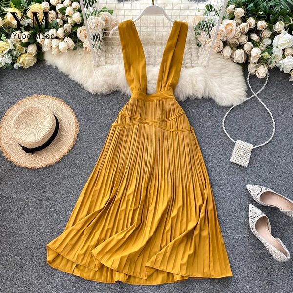 

casual dresses yuoomuoo 2021 brand design sleeveless strap dress women elegant big swing pleated ladies solid a-line party vestidos, Black;gray