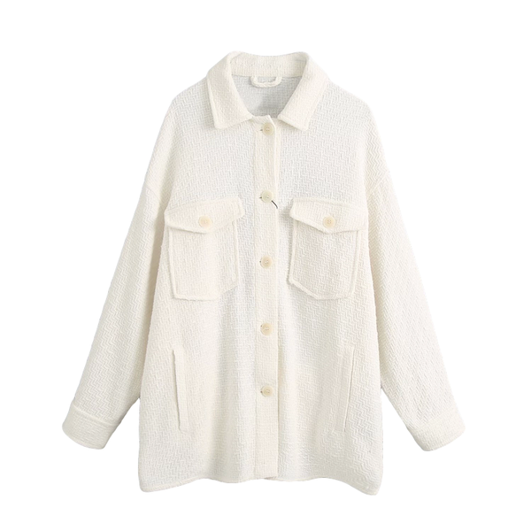

elegant women woolen shirt 2021 autumn fashion ladies pocket loose shirt streetwear female oversize girls chic blouse, White