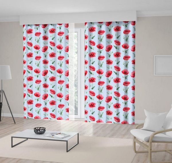 

curtain & drapes poppy flowers leaves watercolor pattern spring garden wildflowers red green blue floral art
