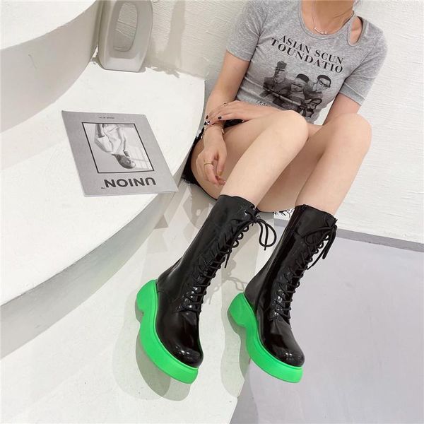 

boots fashion women's nightclub thick-soled buckle cross straps side zipper mid-tube high heels fluorescent green, Black