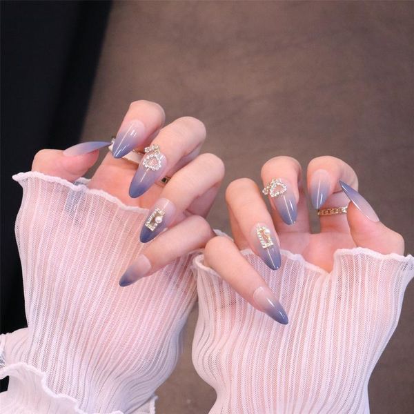 

false nails 24pcs blue gradient flower with diamond wear long paragraph fashion manicure patch save time wearable hjl2021, Red;gold