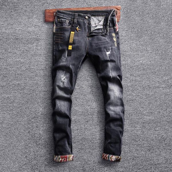 

men's jeans streetwear fashion men retro black gray elastic slim fit ripped spliced patches designer hip hop denim pants, Blue