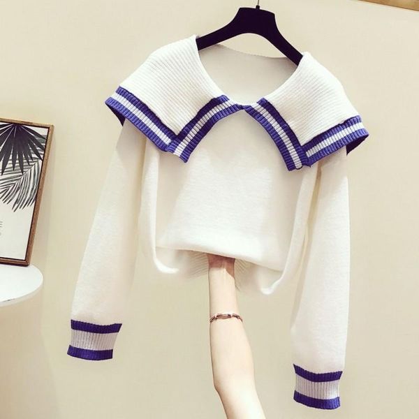 

autumn winter navy collar pullovers sweaters all-match color block loose long sleeve knitted for women casual women's, White;black