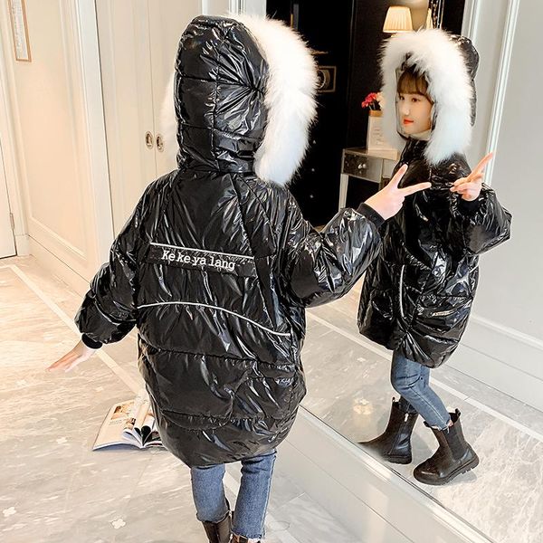 

down coat 2021 fashion girls thick warm cotton jacket black waterproof snow big fur collar hooded long windproof, Blue;gray