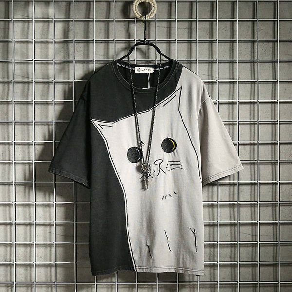 

2021 new moda vero legal retalhos o-pescoo dos homens gato impresso t camisas hip hop camisa streetwear japo bonito solto tshirt anyo, White;black