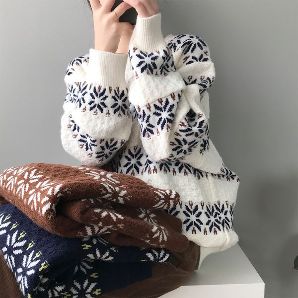 

2021 spring new o-neck snow print knitted beige sweater casual women pullovers pull femme cqw0, White;black