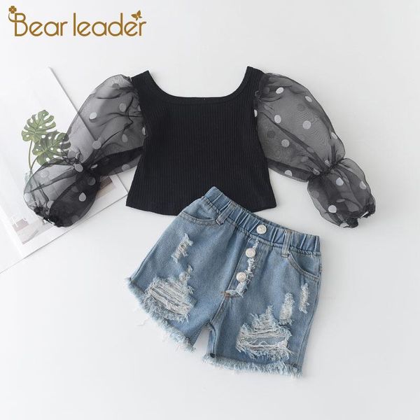 

bear leader girls fashion clothing set 2021 new summer children long sleeve mesh and denim shorts 2pcs outfits kids suits, White