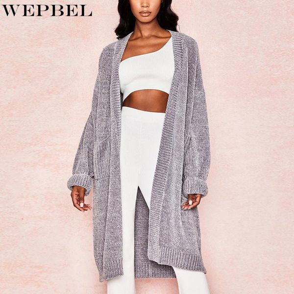 

wepbel women autumn winter loose knitted cardigan sweater ladies elegant fleece pocket long knitwear outwear, White