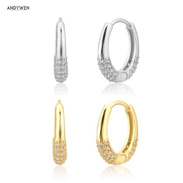 

hoop & huggie andywen 925 sterling silver gold 10mm zircon pave hoops circel huggies earring women party wedding luxury jewelry gift valenti, Golden;silver