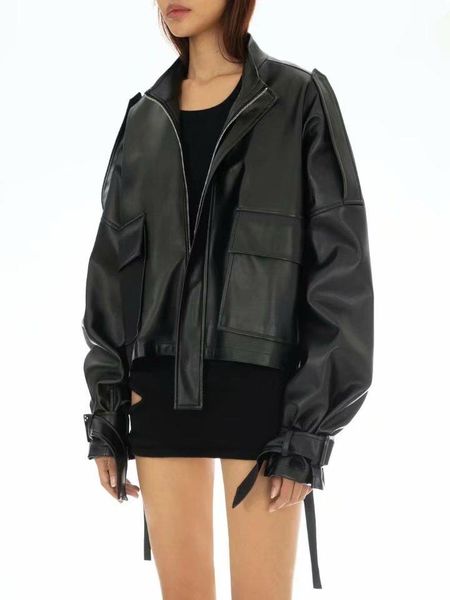 

women's leather & faux 2021 korean style year women winter autumn jacket zipper coat big pocket turn-down collar pu fashion cool cloth, Black