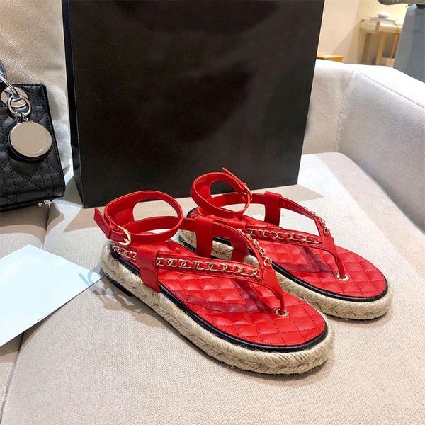 

2021 new metal chain flat thick bottom beach sandals sheepskin metal chain braided rope bottom all-match leather slippers, Black