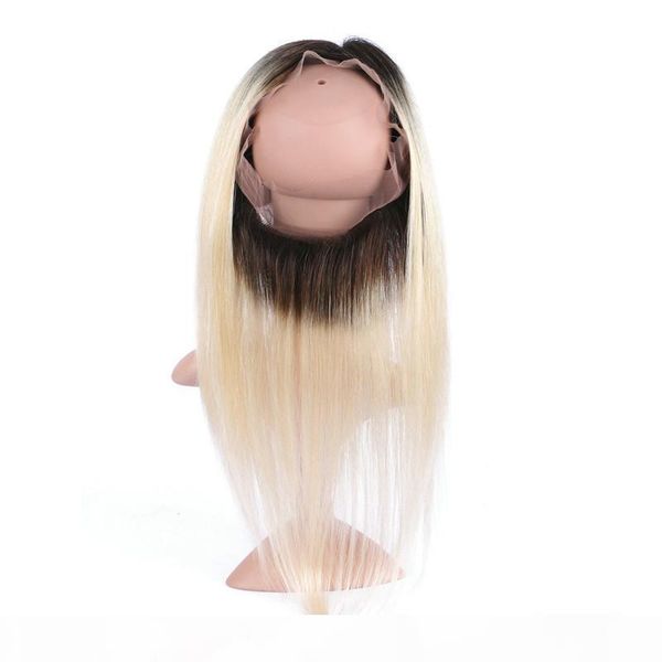 

dark root 1b 613 ombre 360 lace frontal closure with 3bundles straight blonde ombre brazilian human hair weaves with 360 full frontals, Black;brown