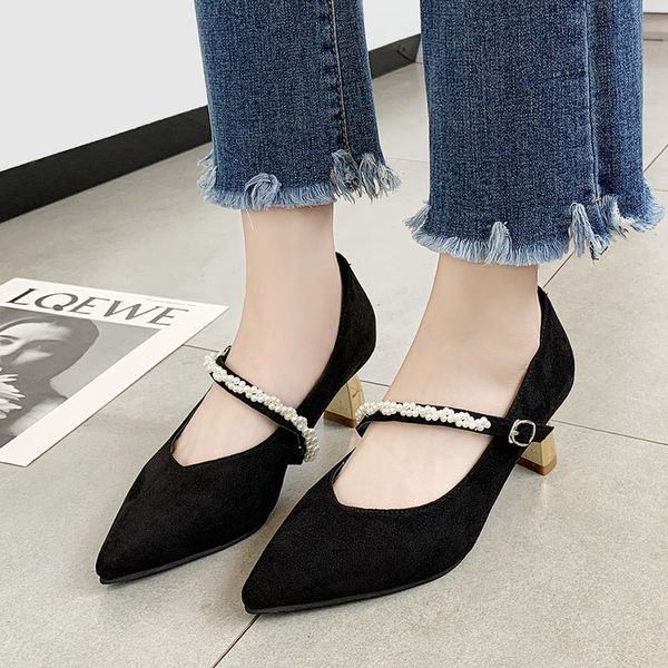 

2021 designer shoes flock string bead mary janes shoes women pointed toe pearl pumps gold retro ladies shoes zapatos mujer 8731ndress, Black