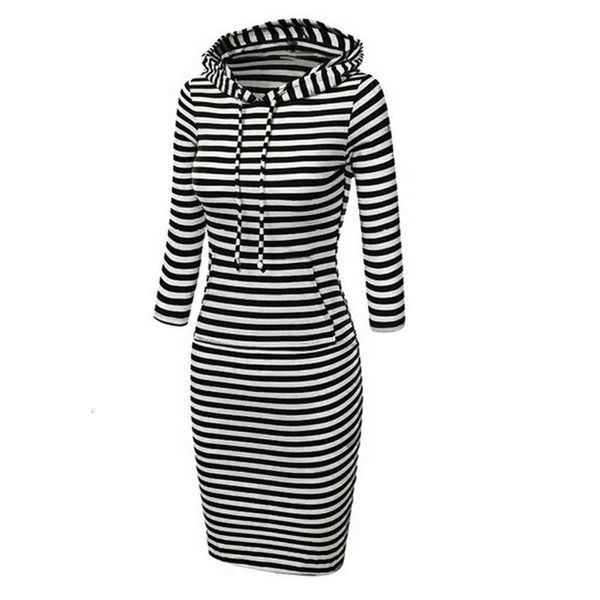 

women's casual slim dresses hooded striped lace up sweater, Black;gray