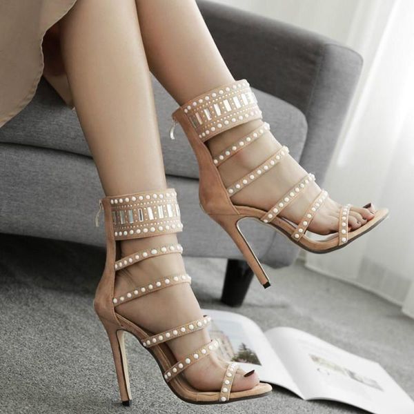 

2021 ethnic open toe rhinestone design high heel sandals crystal buckle gladiator women sandals black size 35-40
