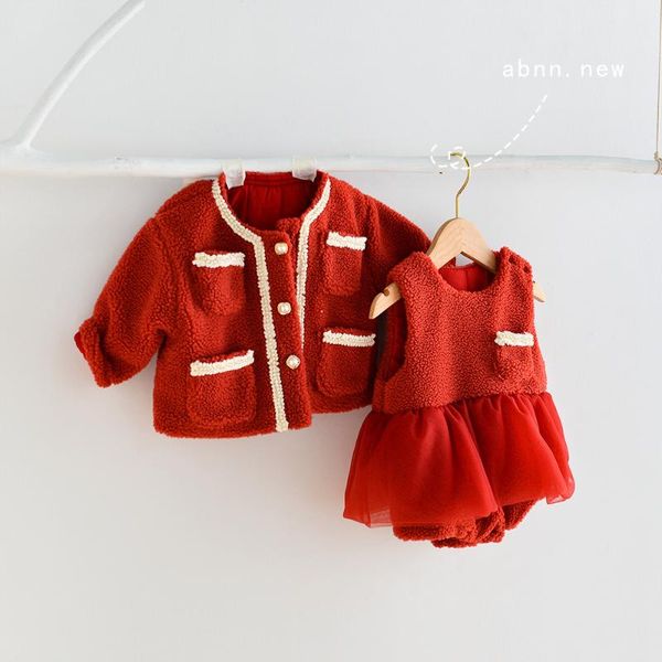 

clothing sets lovely baby fleece winter romper and jacket infant toddler red year dress outfit set for girls, White