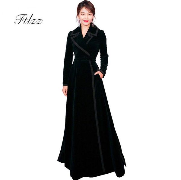 

women's trench coats 2021 winter velvet coat women vintage notched collar wrap black maxi fashion thick warm long outwear, Tan;black