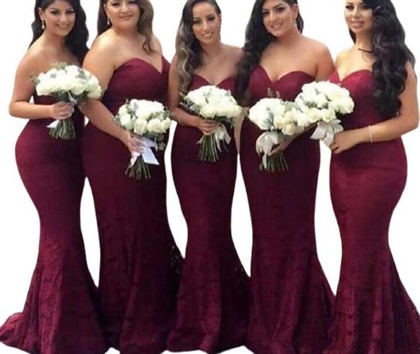 Урожай Русалка Burgundy Bridesmaid платья без бретелек кружева 2022 Гормальная честь Длинные вечерние вечеринки вечеринки свадебные гостевые платья