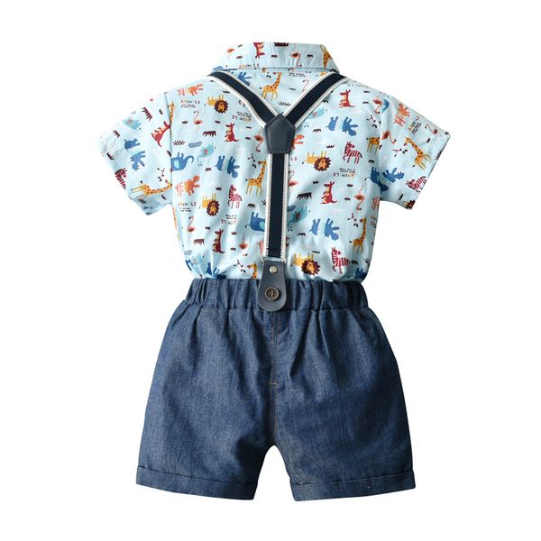 

2021 gentleman boys clothes set 3pcs bow tie animal print short sleeve single breasted romper/shorts bib overalls shorts, White
