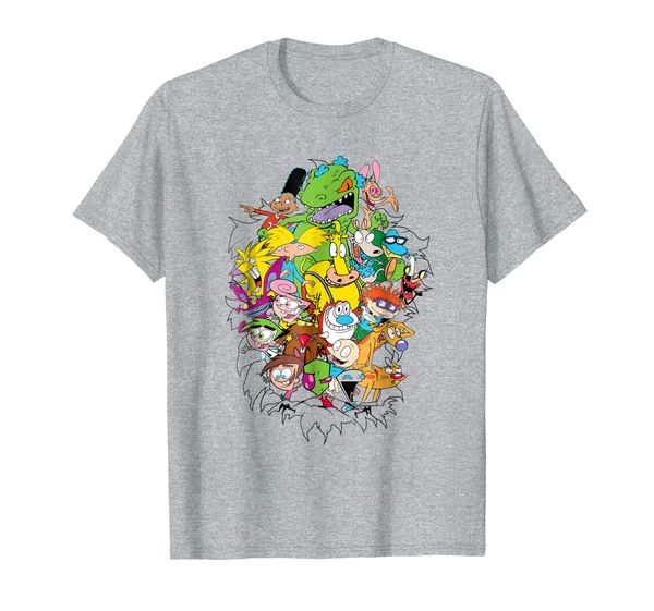 

nickelodeon classic characters bursting through graphic tee, White;black