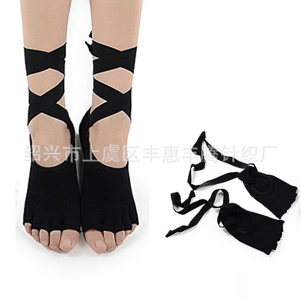 

autumn and winter yoga non slip finger open backless dance lace up socks five toe summer cotton binding c0224, Black;white
