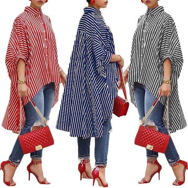 

fashion new style women ladies long sleeve loose casual blouse shirt clothing asymmetrical striped soft casual clothes, White