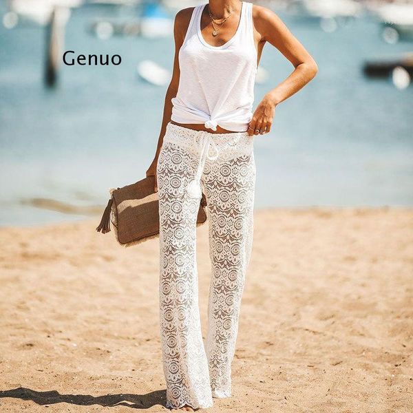 

brand womens crochet beach wide leg pants see through swimwear long trousers cover-ups female summer outfits women's, White;black